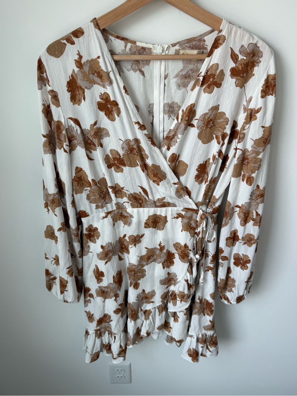 Altr’d State White Floral Wrap Dress with Brown Flower Print